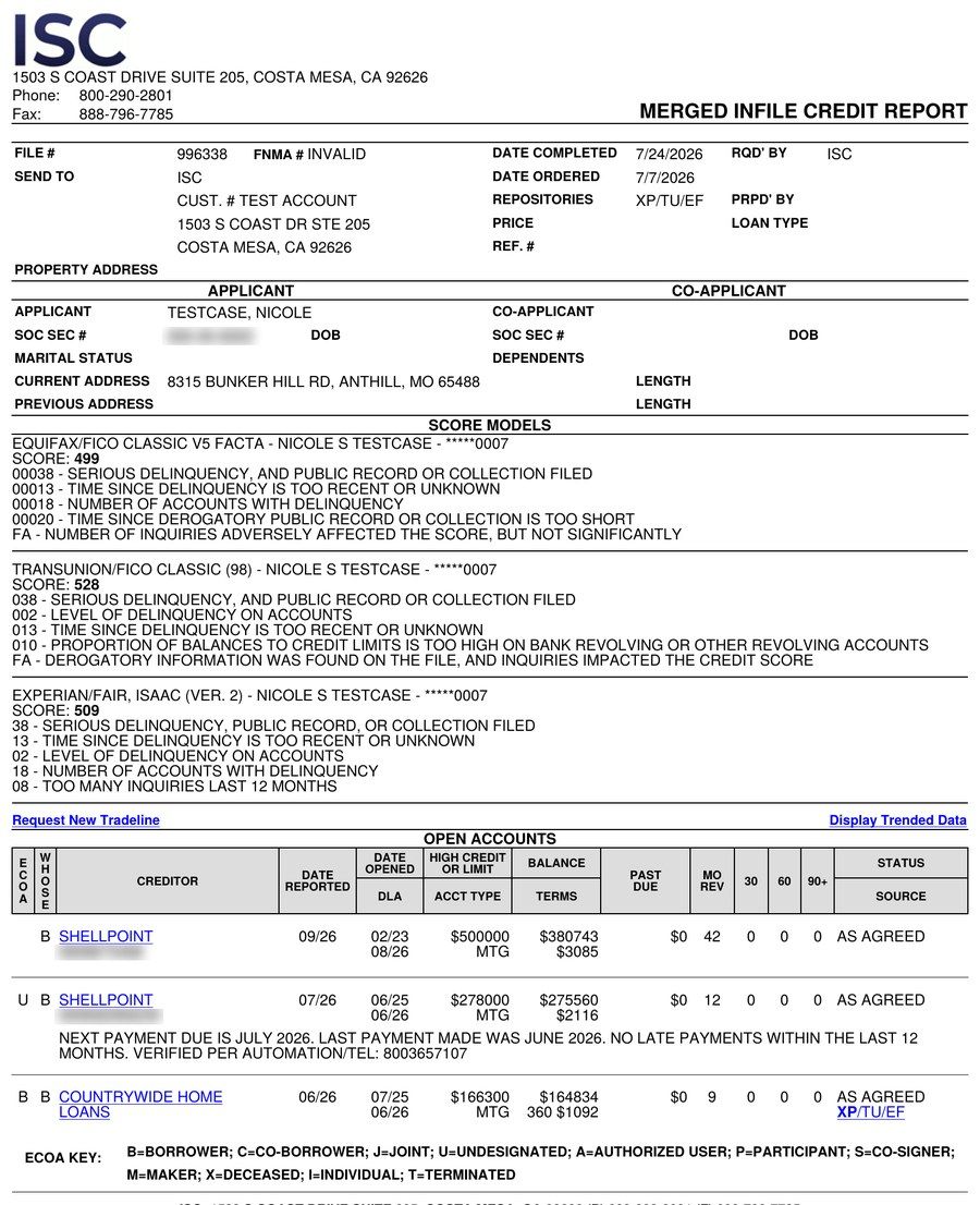Sample ISC merged infile credit report, first page, for a fictitious test borrower